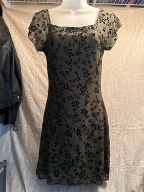 Olive Green Floral Square-Neck Dress